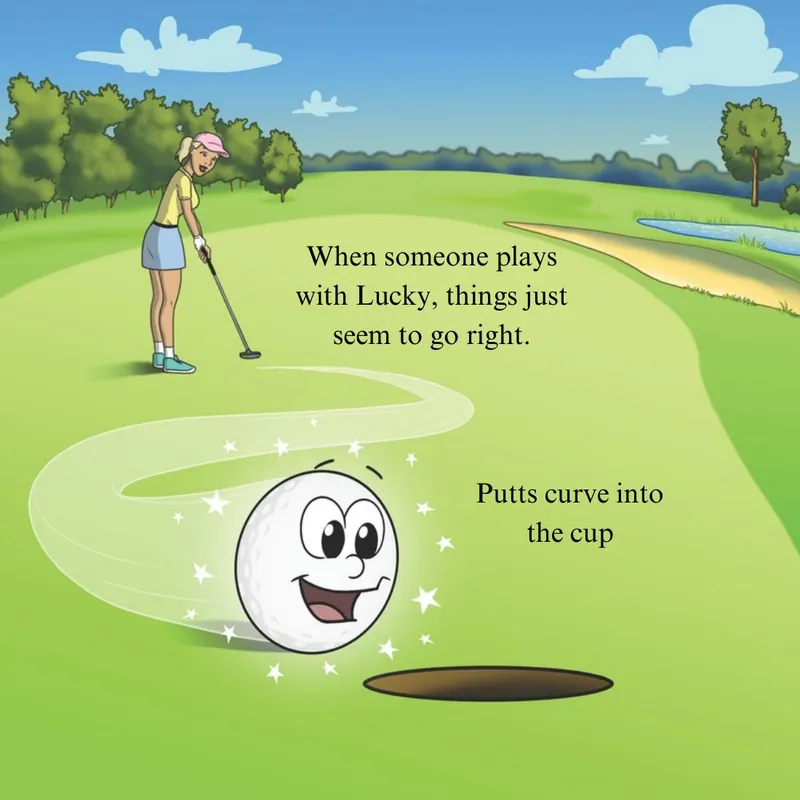 A golfer putts Lucky toward the cup. Text: When someone plays with Lucky, things just seem to go right. Putts curve into the cup.
